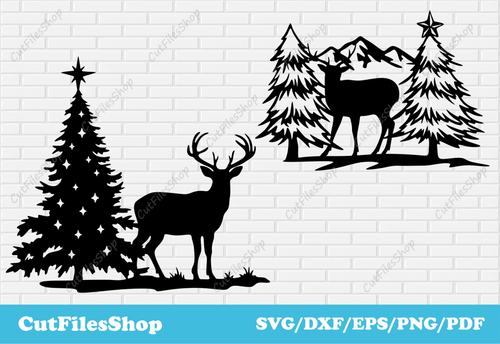 Christmas reindeer svg for cricut, Christmas scene dxf for laser, reindeer dxf file, Merry Christmas vector, winter scene silhouette - Cut Files Shop