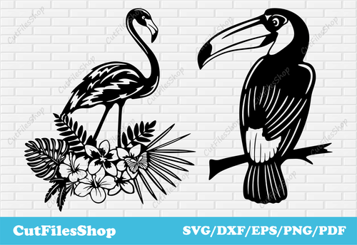 Tropical birds svg, flamingo dxf file, toucan dxf, birds for cricut, dxf for cnc, birds dxf files, tropical dxf, birds scene dxf, Vector Birds for Cricut, DXF for CNC, Birds Scenes DXF files, Cutting files, Laser cut files, Dxf for Plasma cut, Silhouette Cameo files, dxf for Scan n Cut