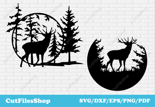 Deer scene dxf files, clip art download, animals scene dxf, svg images for cricut, animals scene svg, forest scene dxf, Download Deer scenes dxf designs, Collection DXF Animals scenes for cnc plasma cut, Metal Cutting Files, Vector Images for T Shirt Designs