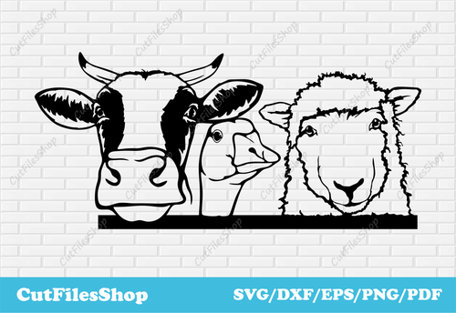 Farm animals for cricut, peeking animals svg, dxf images cnc, vector t-shirt art, t-shirt designs, cnc cutting designs, cnc cut vinyl, dxf art files, cute animals dxf, animals for cricut, cow dxf svg, goose dxf svg files, sheep svg dxf files