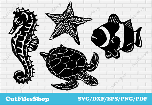 svg files, dxf files, eps files, pdf files, cutting files, cut files for cricut, dxf for laser, cnc cutting files, dxf for plasma, silhouette cameo files, free dxf svg files, Sea animals svg cut files for cricut, turtle svg, seahorses svg dxf files, starfish svg cut files, dxf for laser, sea animals free dxf, tshirt design free, t-shirt vector