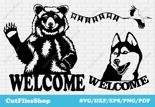 Welcome dxf files for laser cut, cutting metal dxf, dxf for plywood, dog welcome dxf, bear welcome dxf, bird welcome dxf, welcome svg dxf files, cut files, animals dxf for metal cut