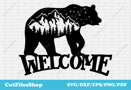 Welcome bear dxf files for laser cutting metal, files for plasma cut, water jet cutting dxf, metal cutting dxf, bear decor dxf, home decor dxf, Cut Files Shop, bear scene dxf, welcome metal decor dxf, forest scene dxf, welcome dxf cut files