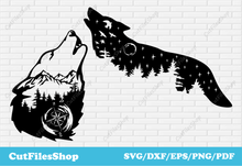 Load image into Gallery viewer, wolf mountains svg, Wolf art dxf files, wolf mountains dxf, svg cut files for cricut, wild animals svg, wolf dxf, wolf forest dxf, wolf art dxf, art animals dxf
