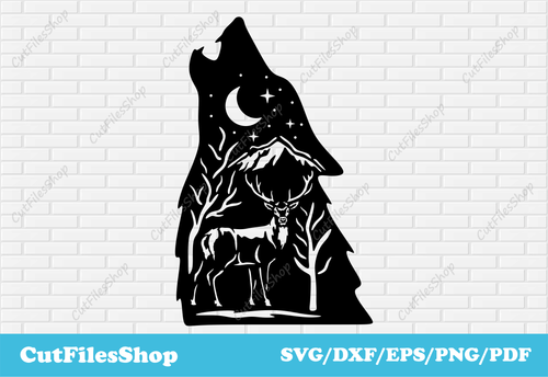 Wildlife scene dxf for laser cut, svg file for cricut, vinyl cutting files, t shirt designs, Wildlife scene dxf for laser cut, wolf for cricut, deer for cricut, download cnc files, deer dxf, wolf dxf, mountains dxf, forest dxf, nature scene dxf files, wolf scene dxf files, deer scene dxf file, cut files, tre dxf